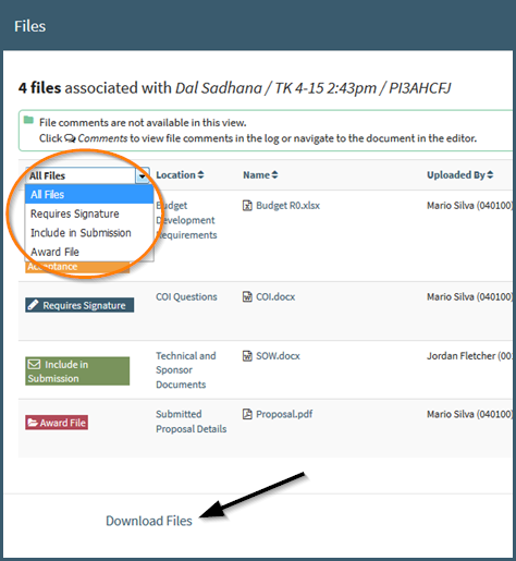 Files Modal Filter Download